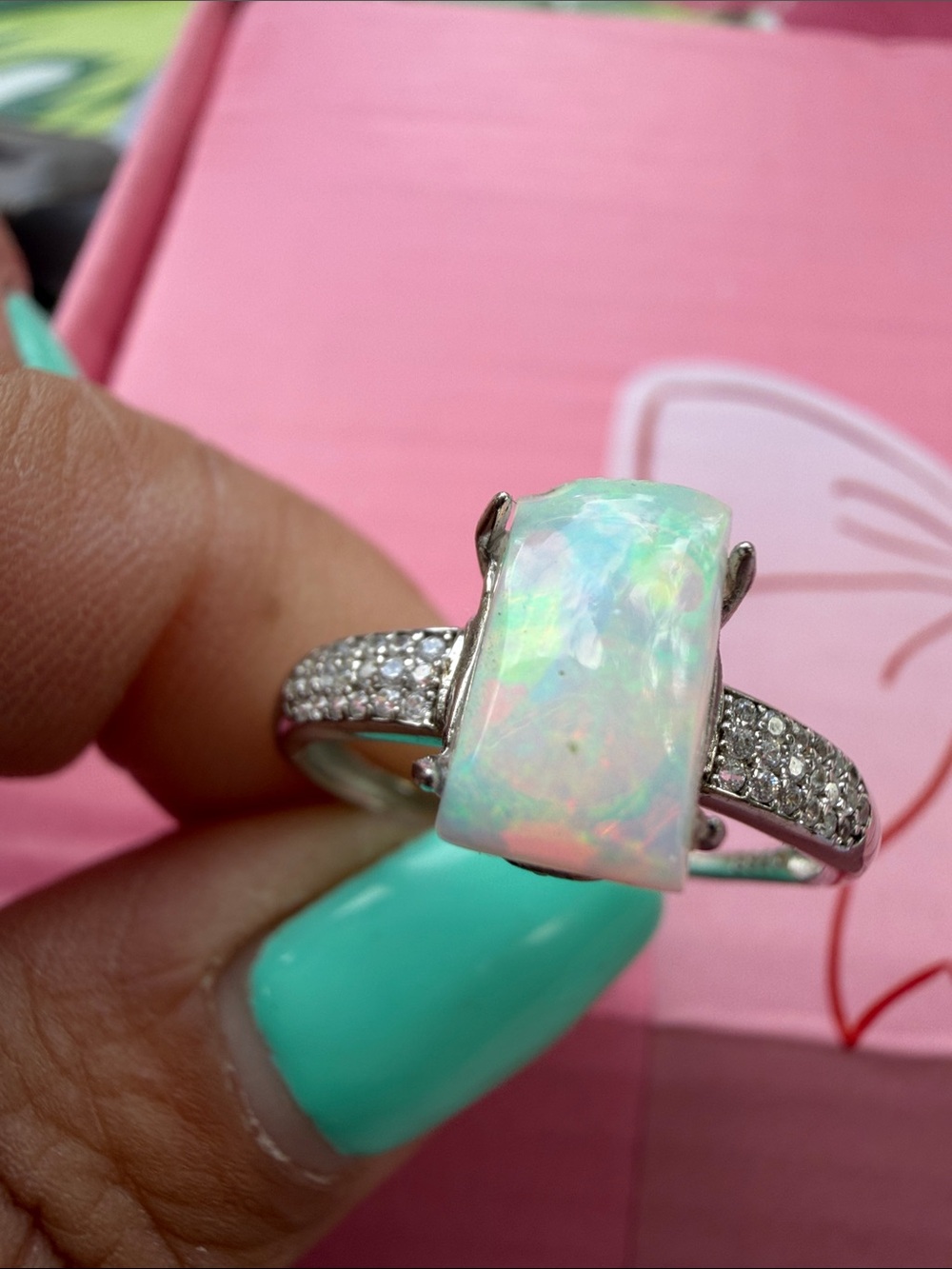 Opal Cocktail Ring with Pavé Accents - White Opalescent size 8 adjustable